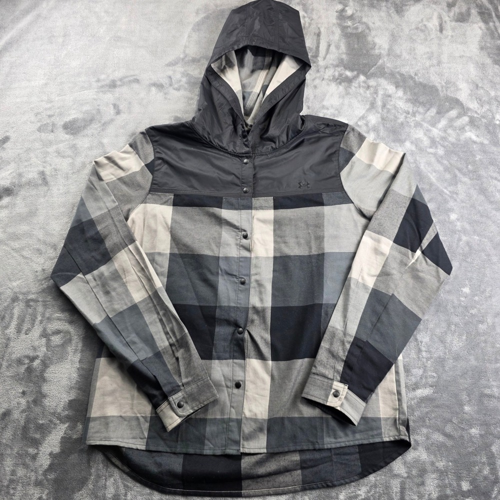 Under Armour Hooded Flannel Shirt Mens Large Grey Plaid Snap Button Jacket